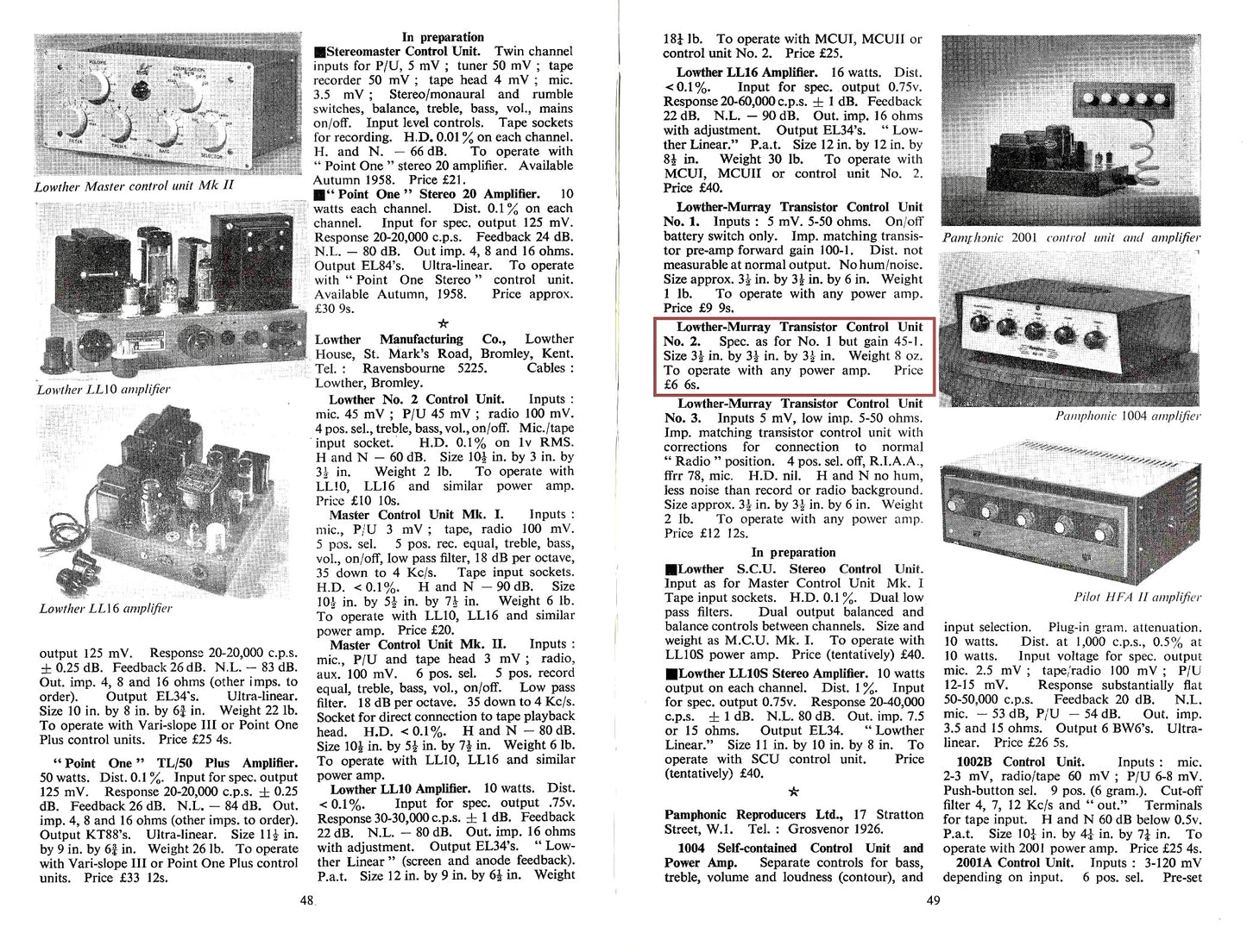 1958 HiFi Year Book - Lowther Transistor Control Unit Advert