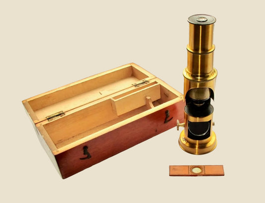 Antique Portable Brass Drum Microscope In a Wood Case