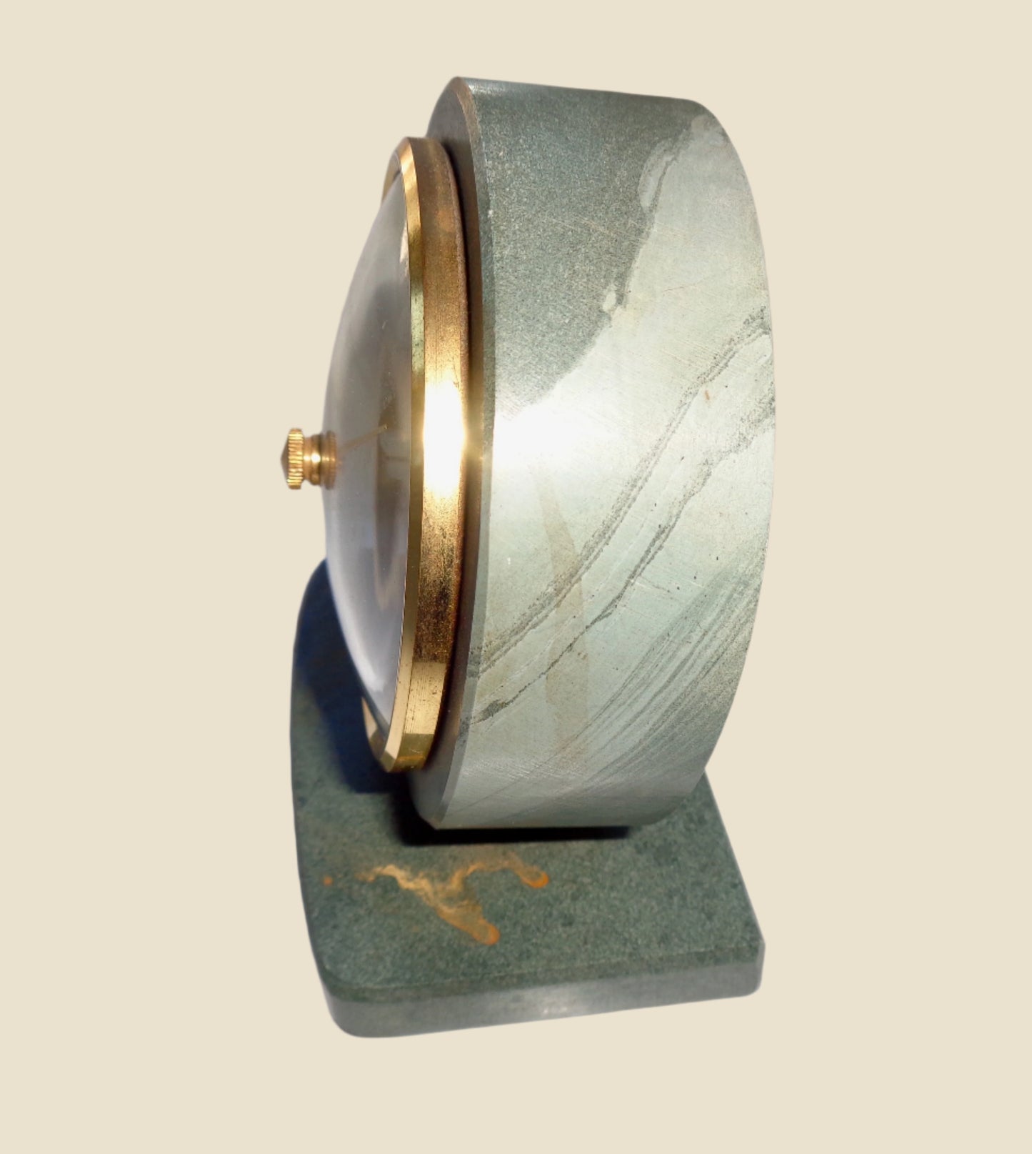 Vintage Desk Top Aneroid Barometer Set In SA Green Slate With A Brass Surround