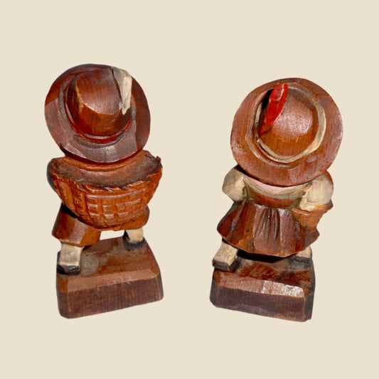 Vintage Swiss Hand Carved Wood Figurines Of A Yodelling Man And Woman Folk Art Souvenirs