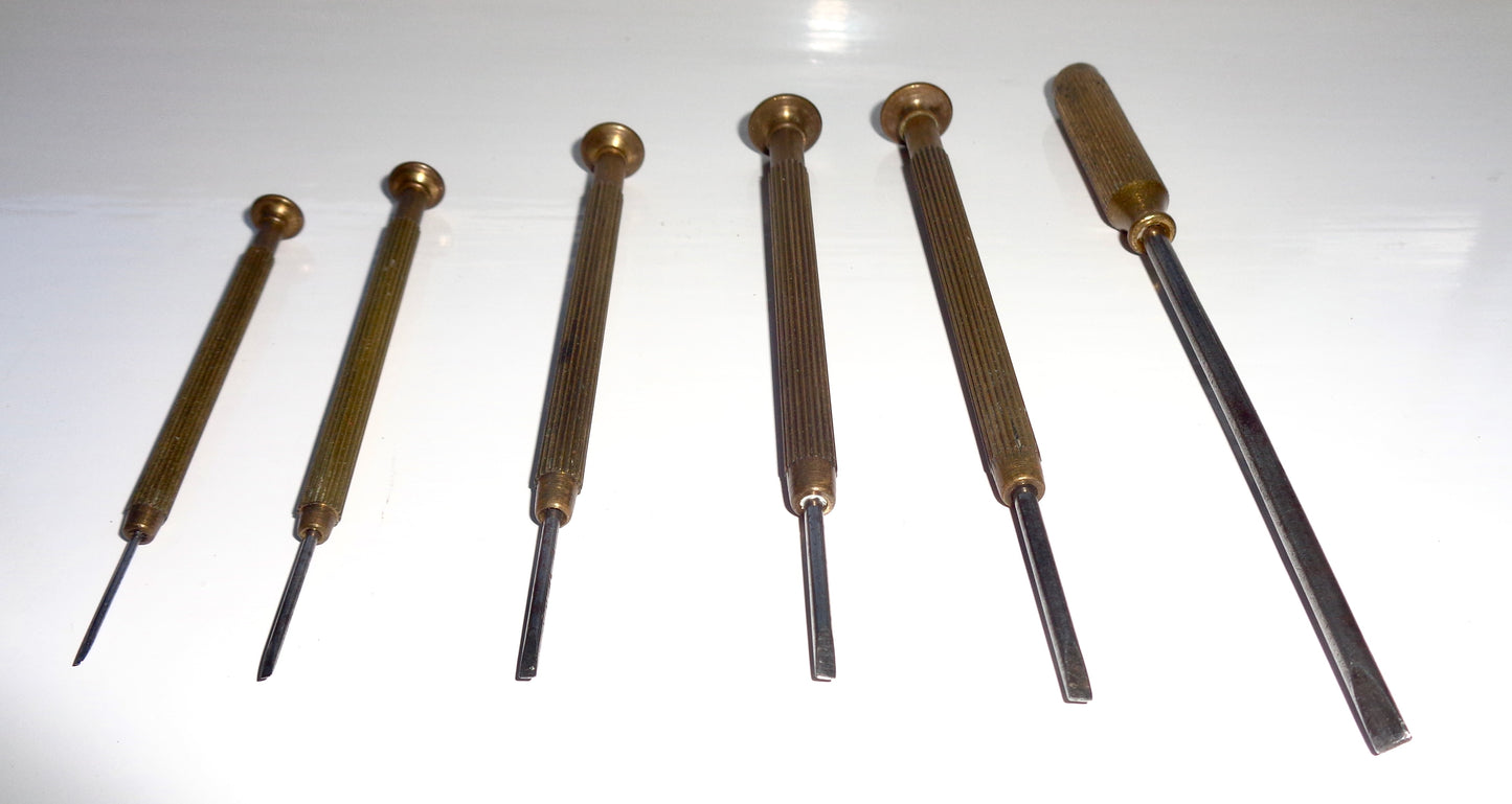 Set of Six Vintage Brass And Steel Precision Slotted Jewellers Screwdrivers
