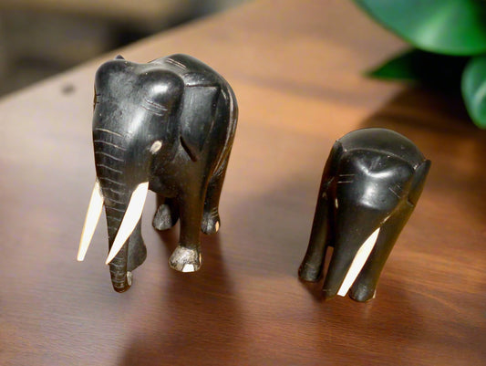 Vintage Hand Carved Hardwood Asian Elephant And Calf Figurines