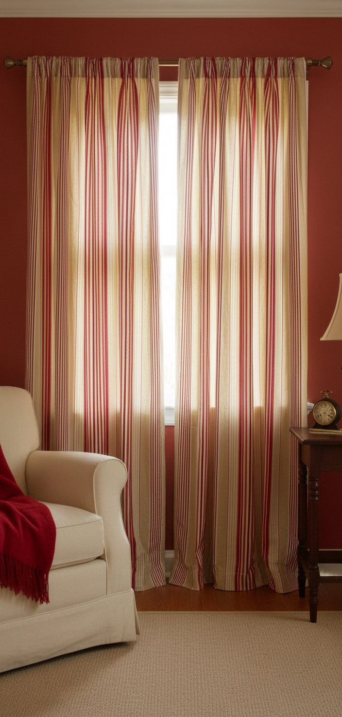 Preowned Laura Ashley Red / Beige / White Striped Pencil Pleat Curtains 87x80 Inch