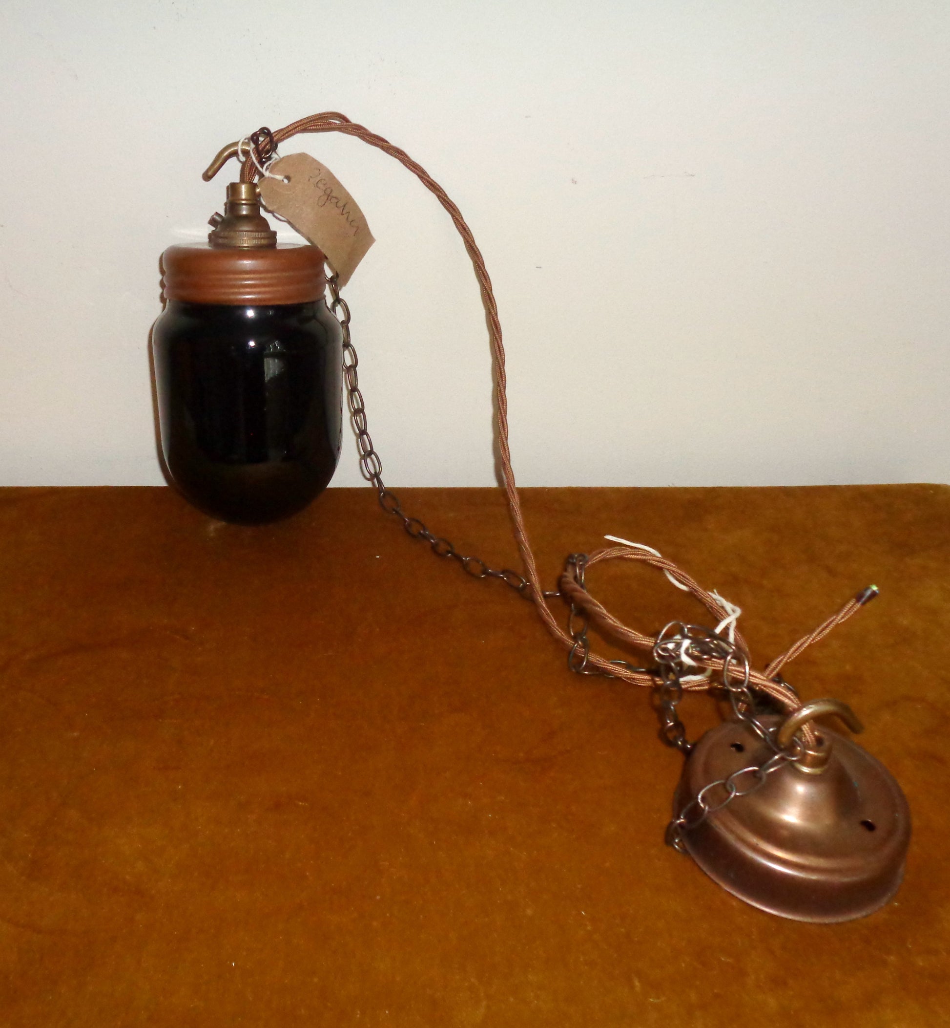 Vintage Dark Amber Glass Pendant Light With Brass Chain and Ceiling Rose