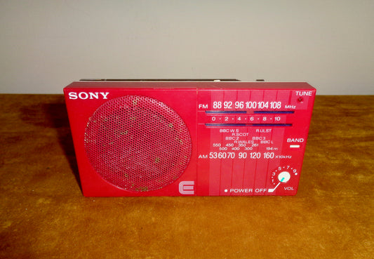 1980s Sony ICF15 AM/FM Pocket Transistor Radio In Red & White Plastic