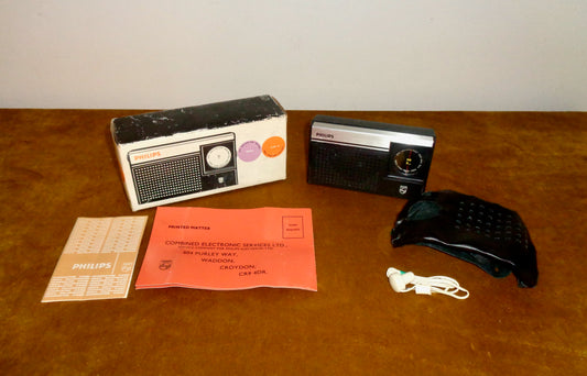 1970s Philips 90RL011 MW/LW Pocket Transistor Radio In Black With Its Original Box
