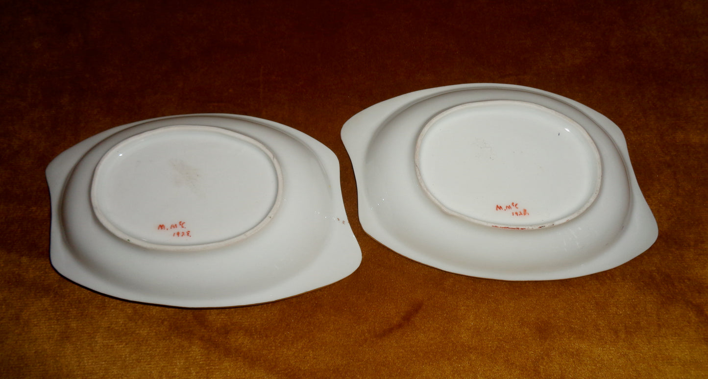 Pair of 1928 Hand Painted Gilded Floral Scottish Porcelain Pin Dishes By M McC