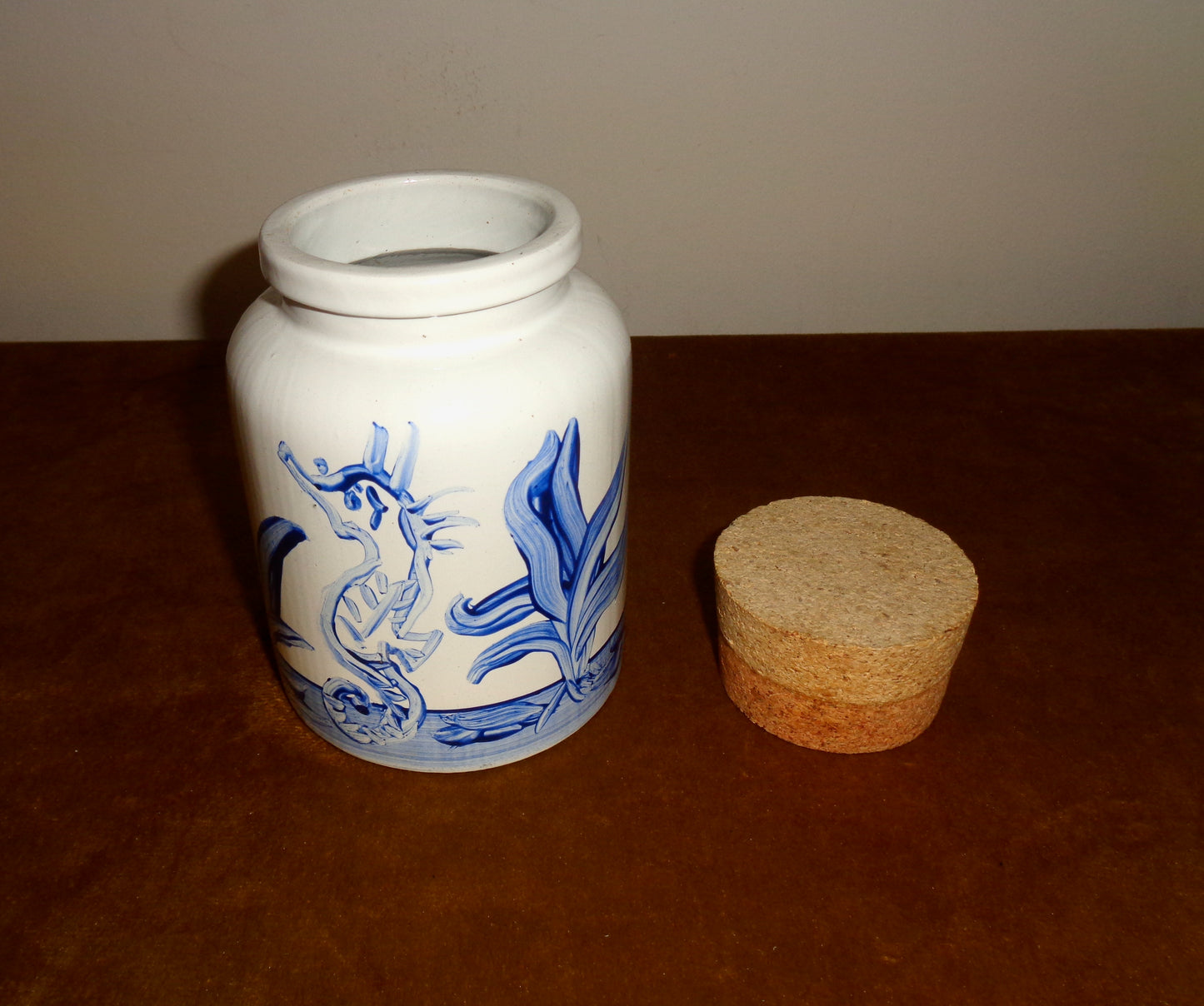 Vintage Blue and White Seaside Art Pottery Pot With Cork Stopper
