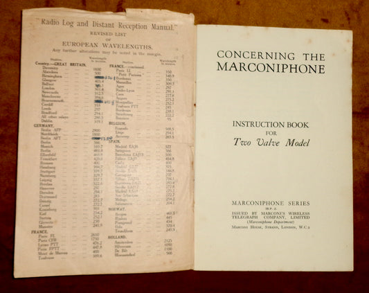 1920s Concerning the Marconiphone Instruction Book for Two Valve Model. The Marconi V2