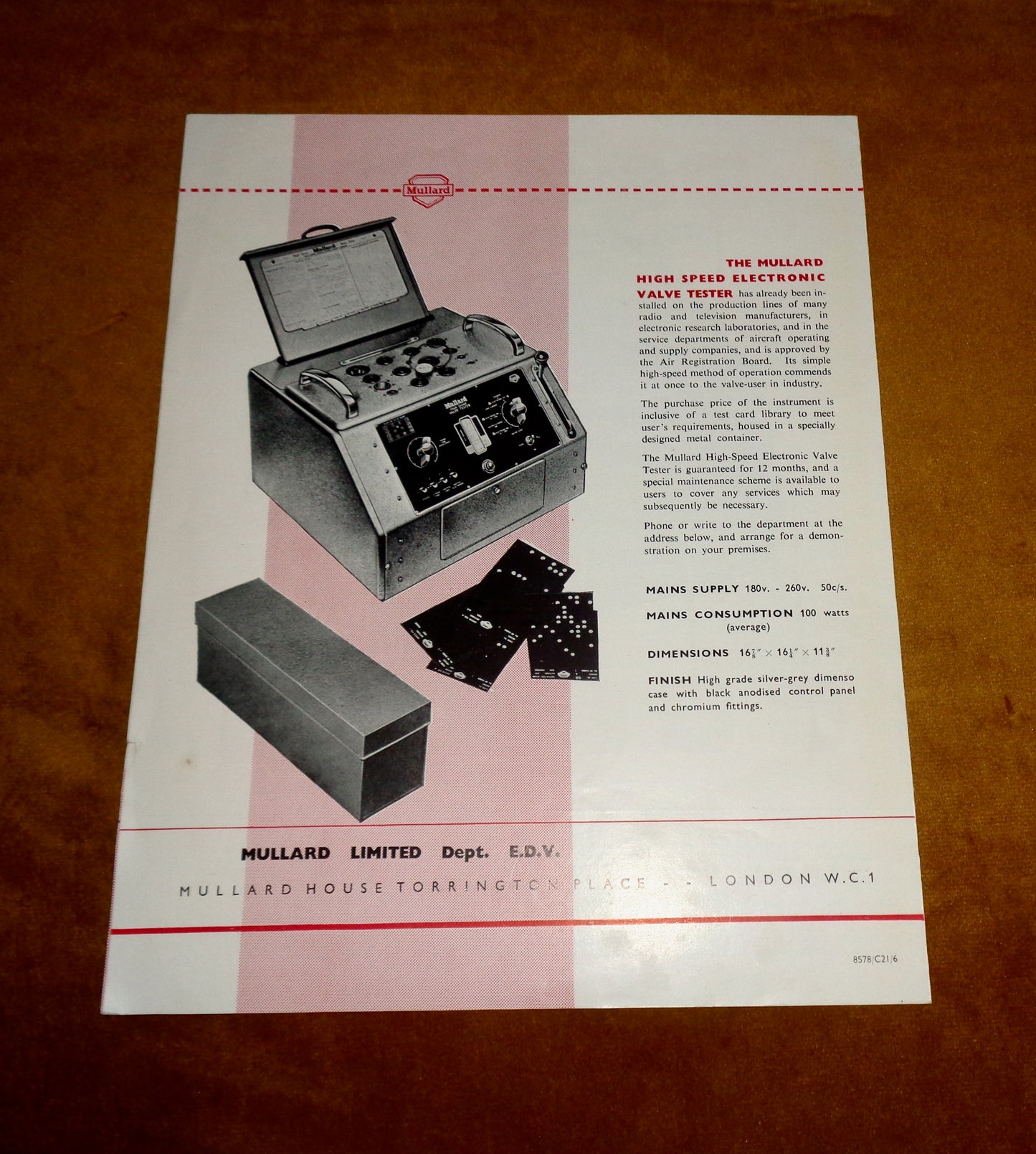 Original Mullard Advertising Leaflet For Their High Speed Electronic Valve Tester In Industry