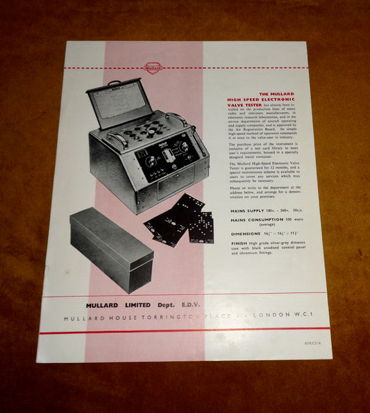Original Mullard Advertising Leaflet For Their High Speed Electronic Valve Tester In Industry