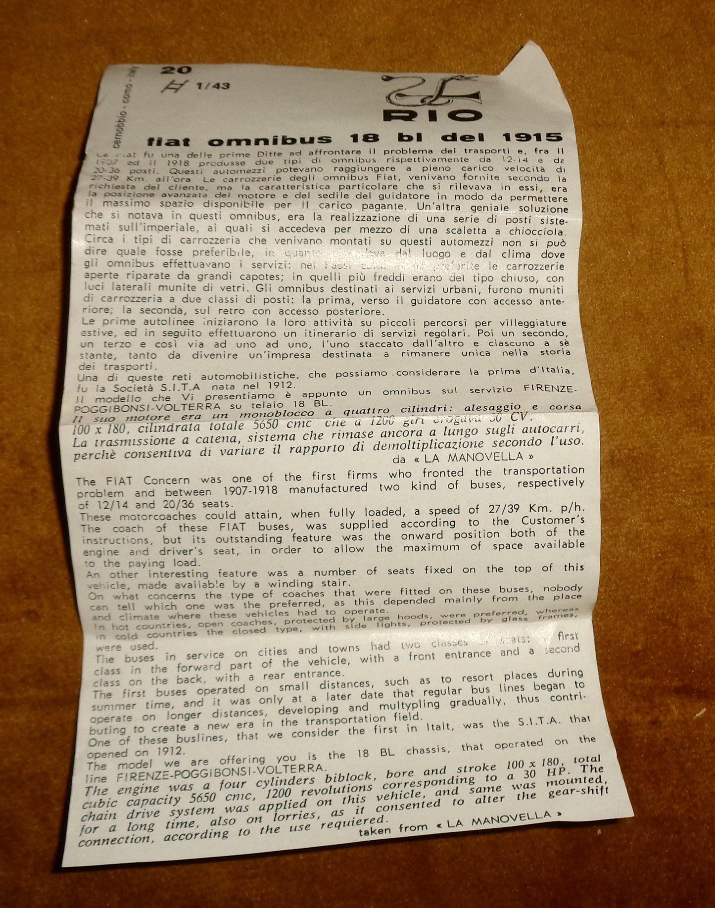 1960s Rio 1915 Fiat Omnibus 18BL #20 1/43 Scale Model Firenze-Poggibonsi-Volterra