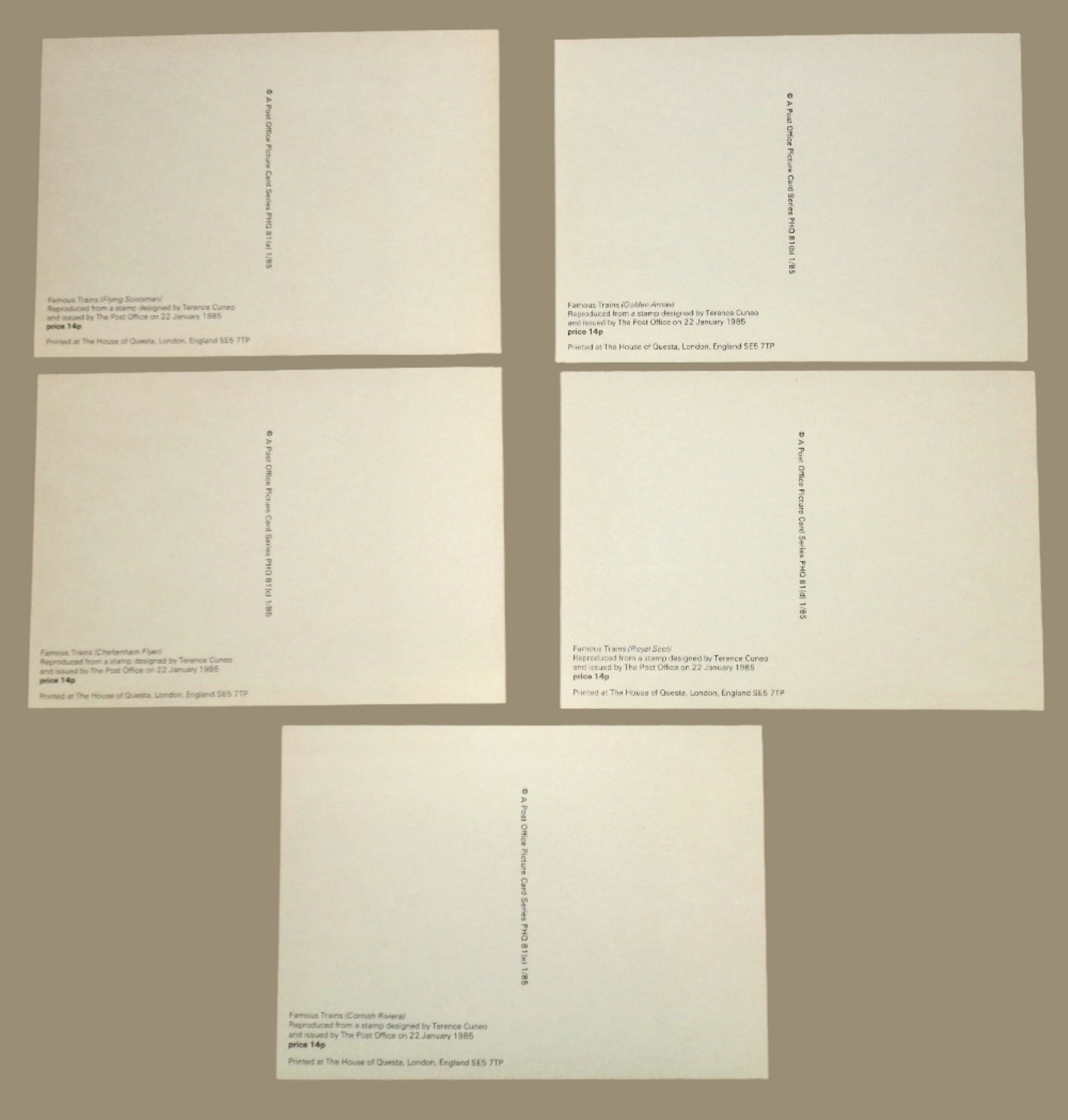 1985 Set of Five PHQ 81 Postcards Of Famous Trains