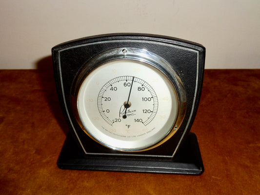 Vintage Rototherm Desk Thermometer In A Black Leather Surround