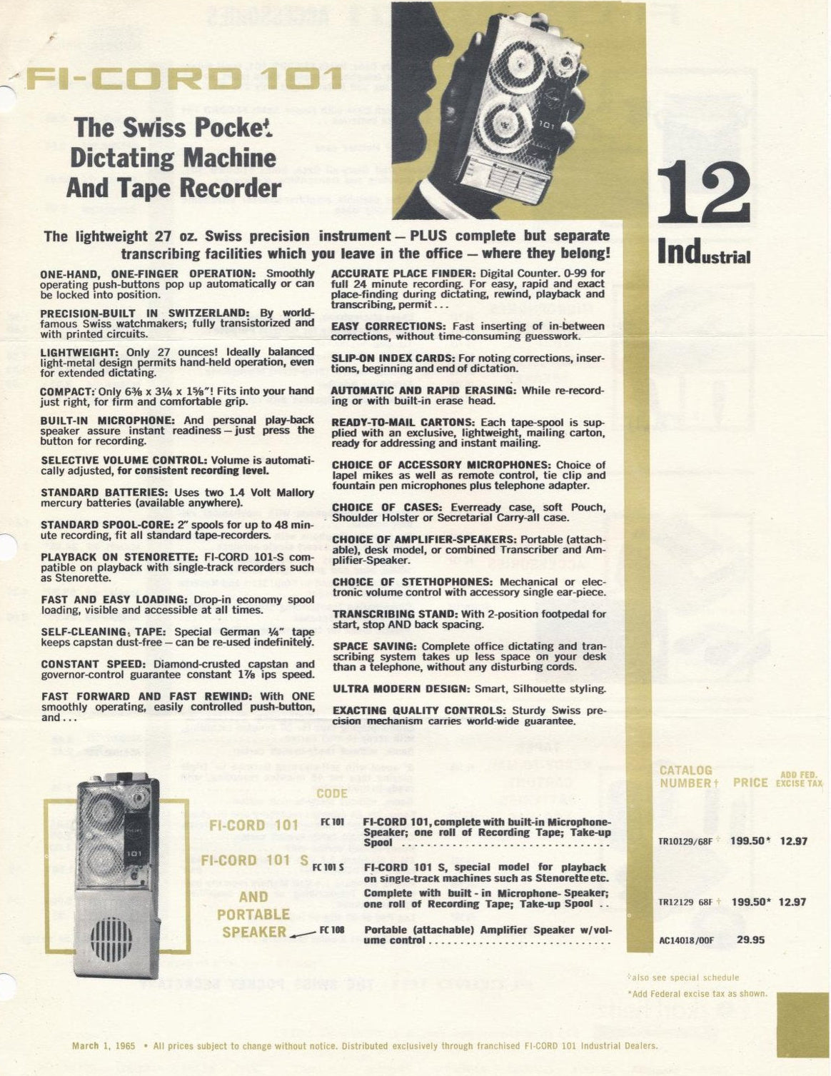Advertisement for Swiss Pocket Dictating Machine and Tape Recorder with text and graphics on a white background.