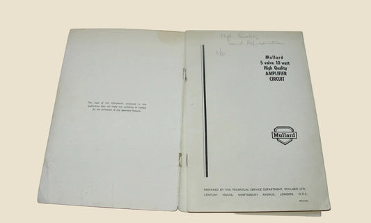 Vintage 5 Valve 10 Watt High Quality Amplifier Circuit Technical Book