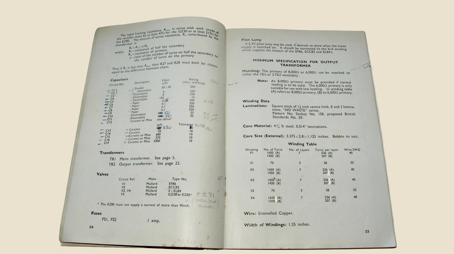 Vintage 5 Valve 10 Watt High Quality Amplifier Circuit Technical Book