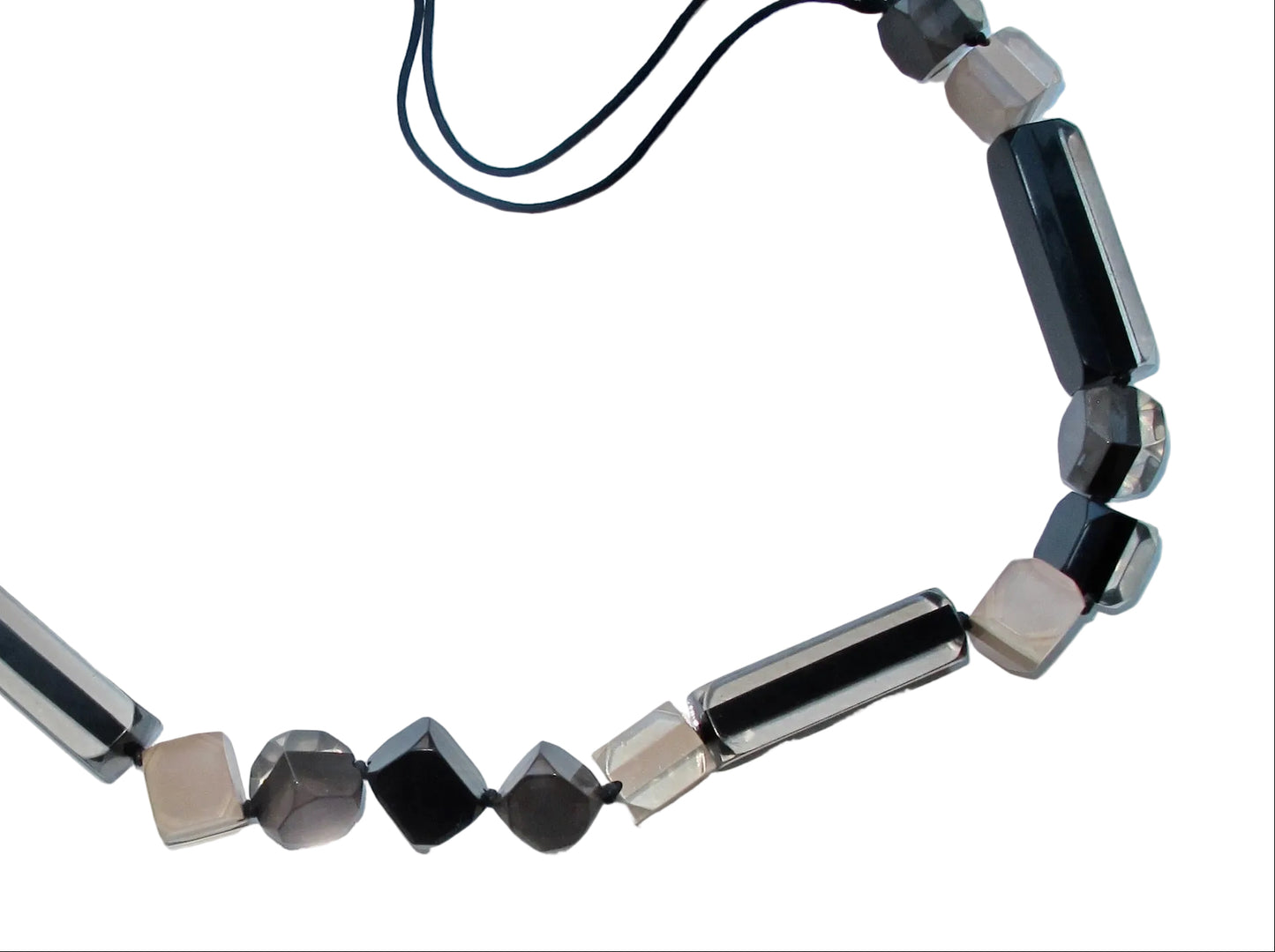 Vintage Lucite Necklace With Hand knotted Geometric Shapes In Clear, Black & Brown Colours