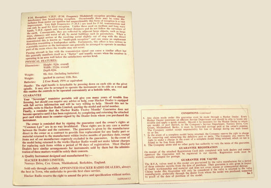 Vintage Hacker Sovereign RP18 Transistor Radio Operating Instructions