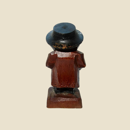 Vintage Swiss Hand Carved Wood Figure Of A Man With A Hat. Lugano Folk Art Souvenir