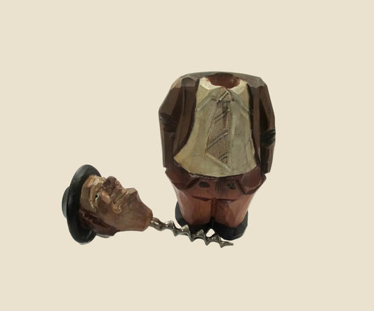 Vintage Swiss Hand Carved Wood Corkscrew Man With A Hat