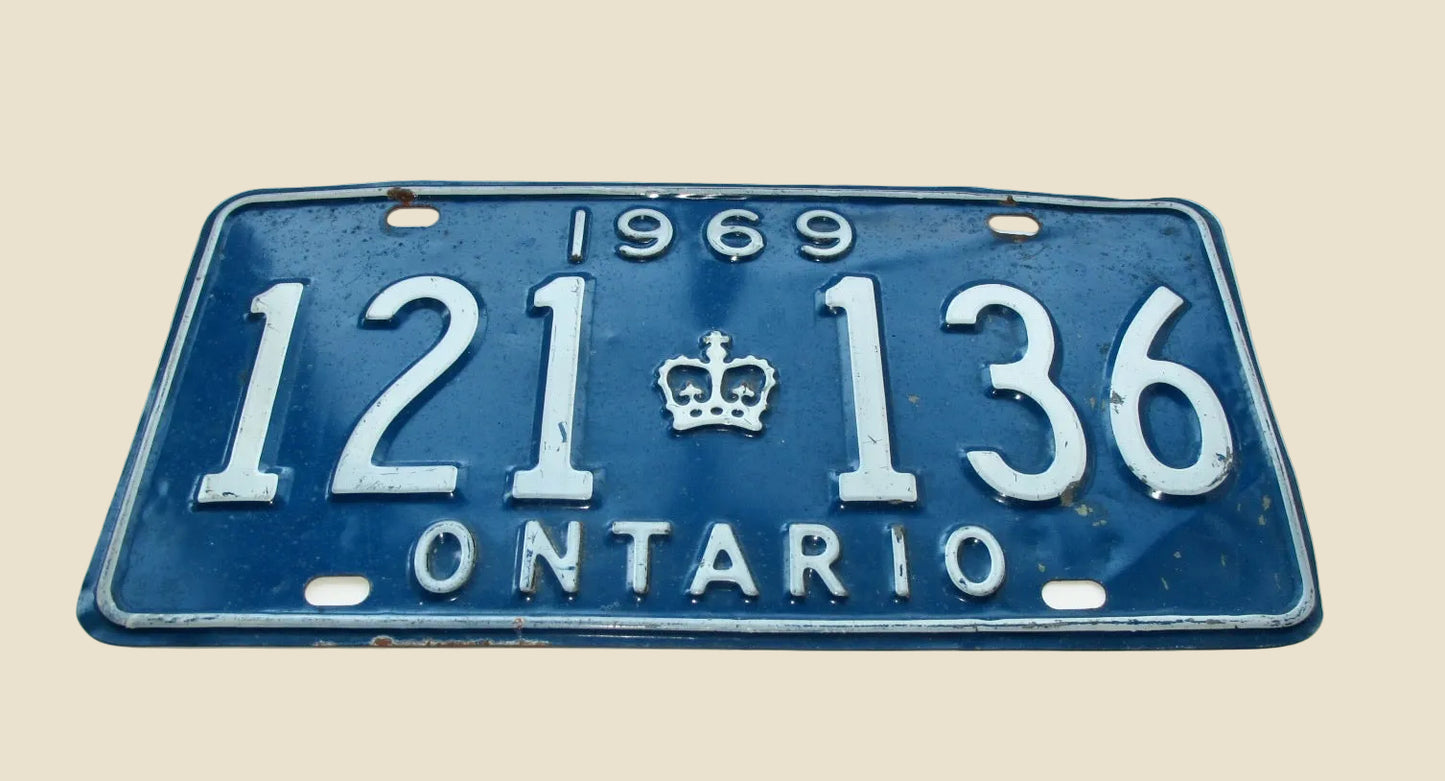 Vintage Metal Canadian Car Number Plate 1969 Ontario 121 136