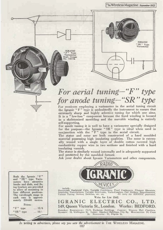 1925 Igranic F Type Aerial Tuning Variometer For A Crystal Radio. Registered Number 708773