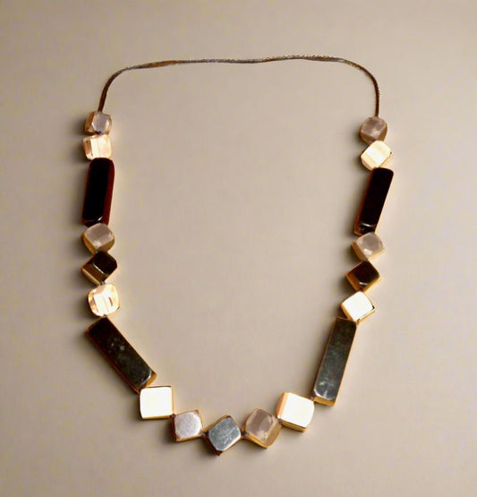 Op Art Lucite Hand knotted Geometric Shapes Necklace In Clear, Black & Brown Colours