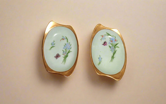 Pair of 1928 Hand Painted Gilded Floral Scottish Porcelain Pin Dishes By M McC