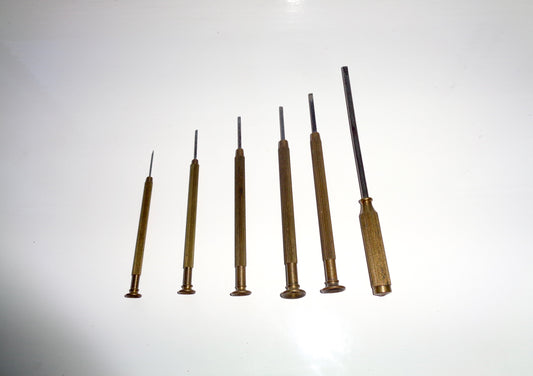 Set of Six Vintage Brass And Steel Precision Slotted Jewellers Screwdrivers