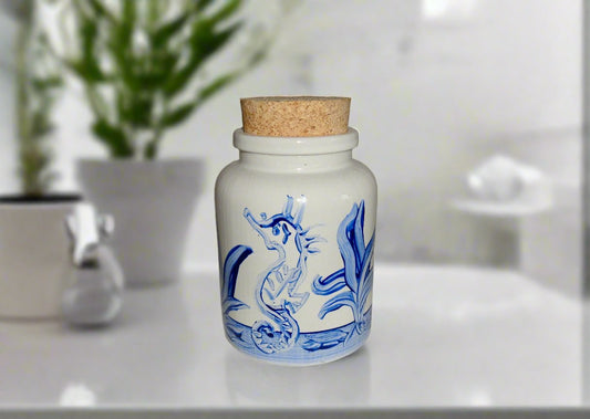Vintage Blue and White Seaside Art Pottery Pot With Cork Stopper