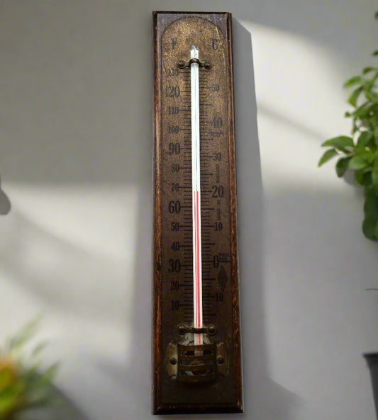 Vintage Brannan Brass Wall Hanging Thermometer Mounted on A Wooden Plinth