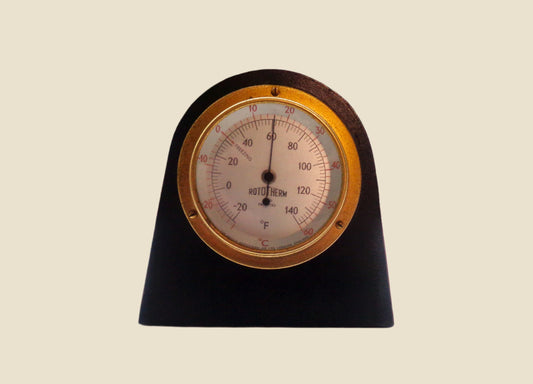 Vintage Brass Rototherm Desk Thermometer In A Wood Surround With Black Leather Front