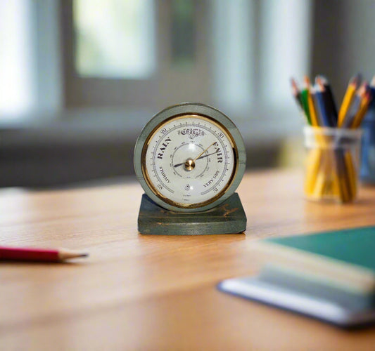 Vintage Desk Top Aneroid Barometer Set In SA Green Slate With A Brass Surround