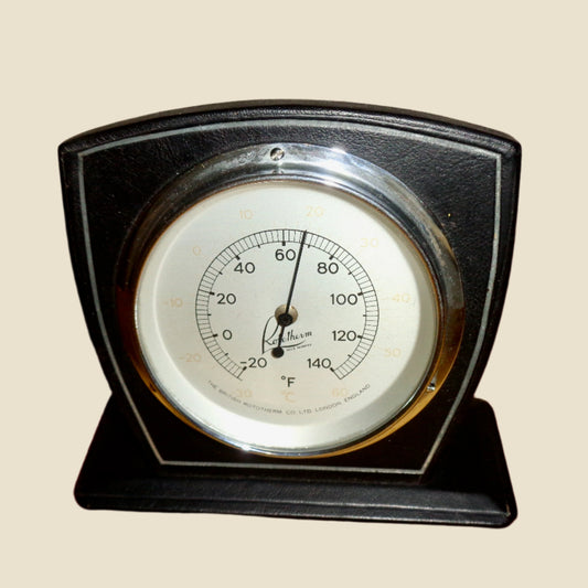 Vintage Rototherm Desk Thermometer In A Black Leather Surround