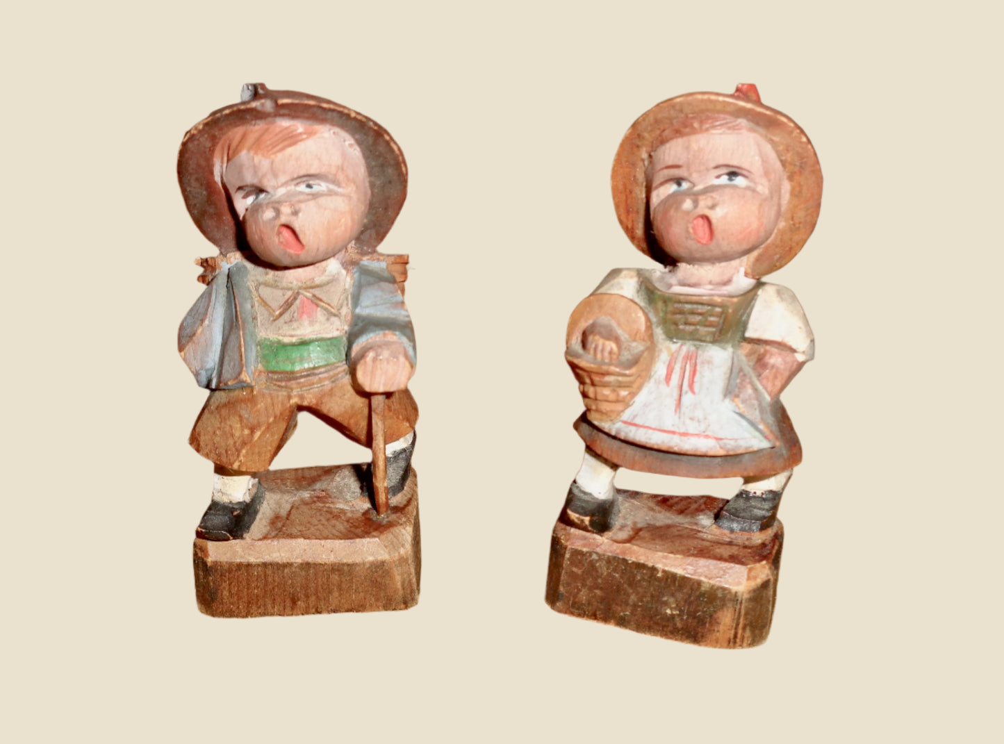 Vintage Swiss Hand Carved Wood Figurines Of A Yodelling Man And Woman Folk Art Souvenirs