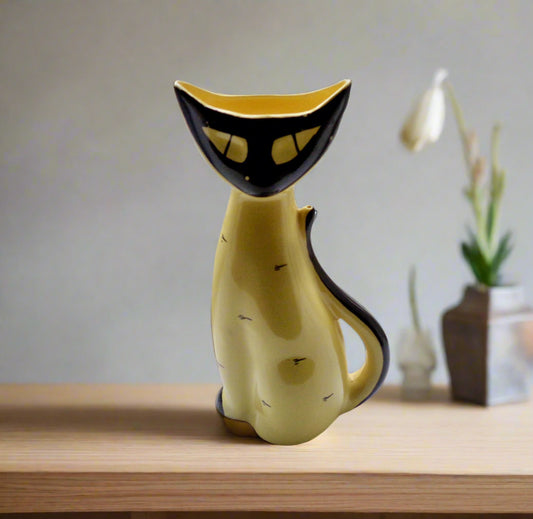 Vintage Yellow and Black Scoop Head Cat Pottery Vase By Schmider