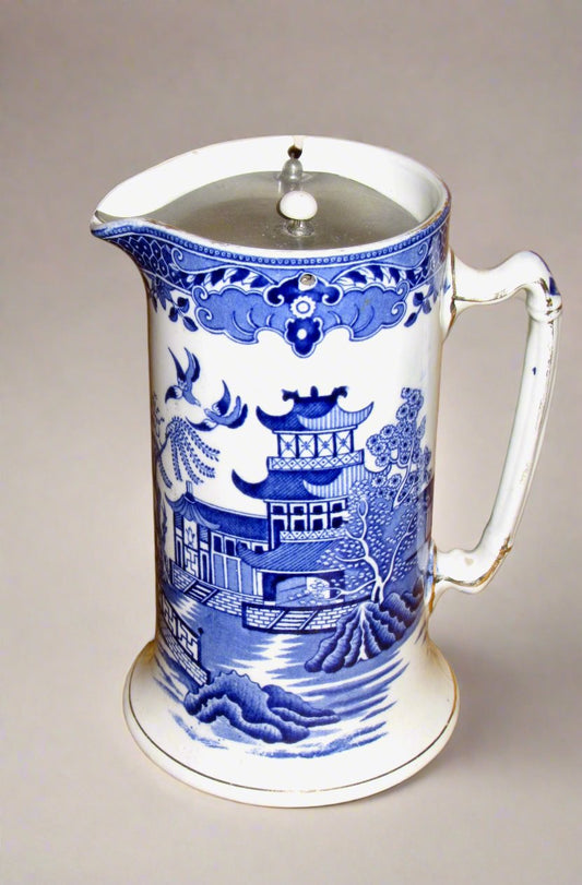 1930s Burleigh Ware Willow Hot Water Jug / Pitcher With A Pewter Lid