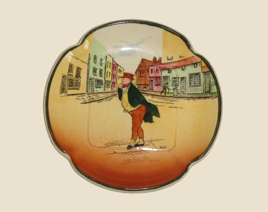 1930s Royal Doulton Dickens Ware Mr Pickwick 4 Inch Fluted Trinket Dish. Pattern Number D5175 Signed By Noke