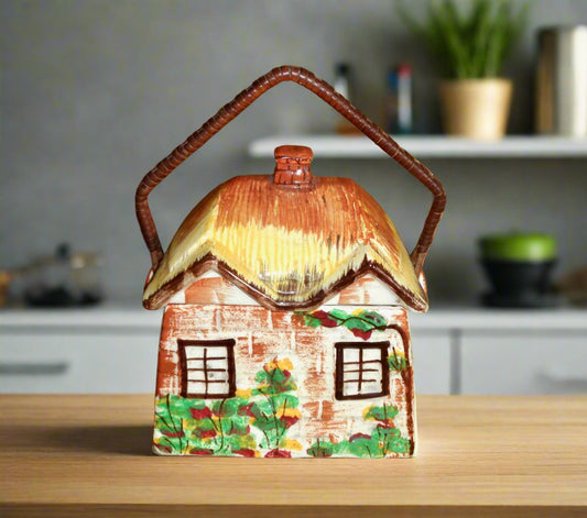 1950s Price Kensington PK Cottage Ware Pottery Biscuit Barrel With Lid And Basket Handle