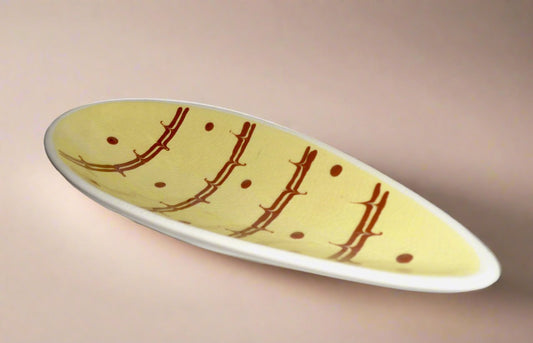 1950s Teardrop Shaped Yellow and Brown Pottery Trinket / Pin Dish