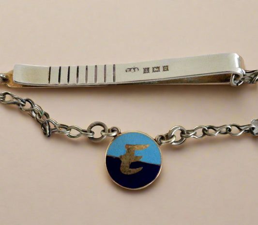 1965 Sterling Silver Tie Clip/Bar And Chain With E Initial Enamel Badge