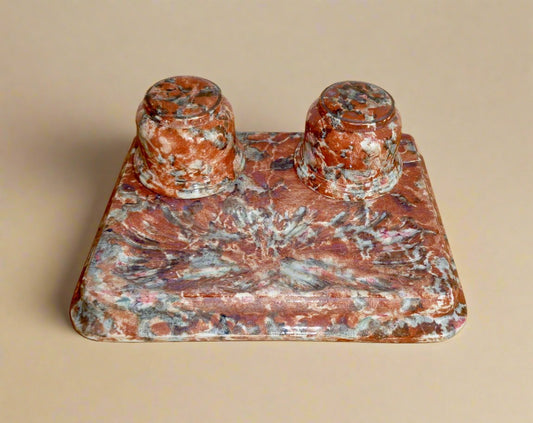 Antique Double Inkwell Desk Set In Marble Effect Spongeware Pottery