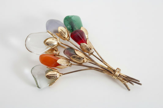 Art Deco Metal And Stone Floral Brooch Cosmetic Jewellery