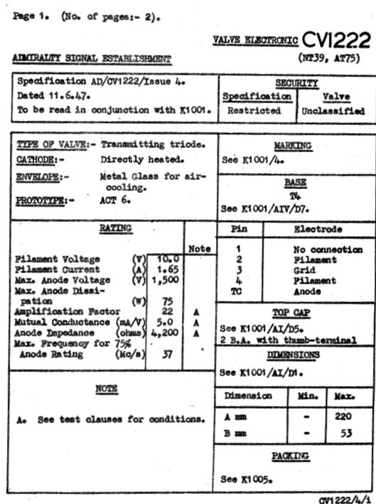 WW2 Admiralty Transmitting Triode Valve/Thermionic Tube CV1222/NT39/AT75