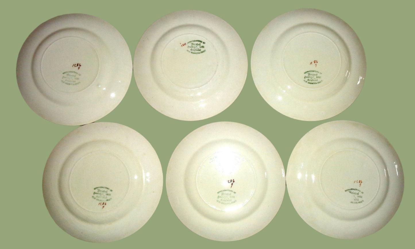 Set Of Six 6.5 Inch Side Plates 1950s Old Bristol Delft Pattern 1684