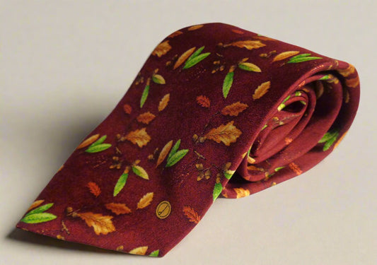 Vintage Dunhill Silk Tie Burgundy With Green/Brown Oak Leaves and Acorn Motifs