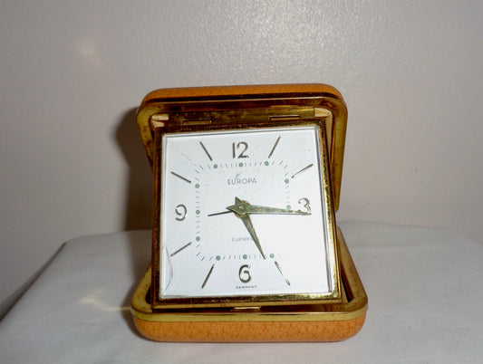 Vintage Europa Folding Travel Alarm Clock In Tan Brown