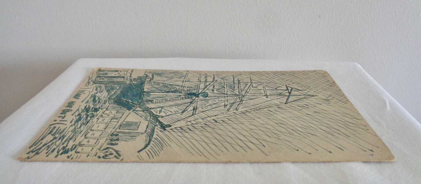 Original WW1 Warp Her Bot Sailing Boat Pen and Ink Postcard By HSJ