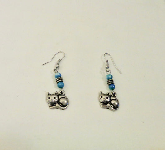 Silver Coloured Metal Cat Dangle And Drop Earrings With Blue Coloured Beads